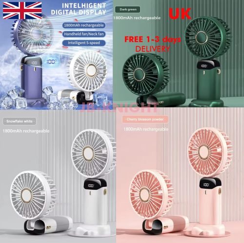 Portable Fan - Foldable Neck Hanging* Digital 5 Speed Turbo USB Compact Desktop
