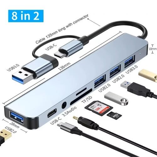 8-in-2 USB-C Hub Docking Station – USB 3.0/2.0, SD/TF Card Reader, Type-C Splitter for MacBook, Laptop, iPad, iPhone & Android Devices - Image 6