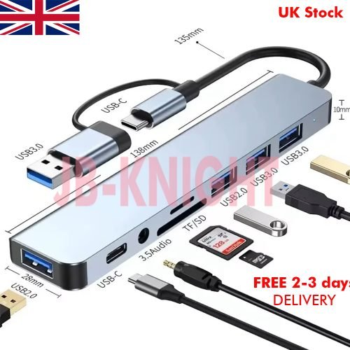 8-in-2 USB-C Hub Docking Station – USB 3.0/2.0, SD/TF Card Reader, Type-C Splitter for MacBook, Laptop, iPad, iPhone & Android Devices