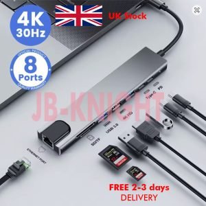8-in-1 USB-C Multiport Hub – Type-C Docking Station with 4K HDMI, LAN Ethernet, Audio, USB 3.0 for MacBook, iPad, iPhone & Android