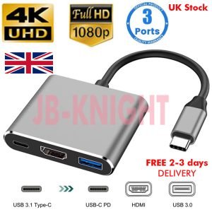 3-in-1 USB-C Hub – Type-C to HDMI-Compatible Splitter with USB 3.0 Docking Station for MacBook, Windows, iPad, iPhone, Android Phones & Tablets