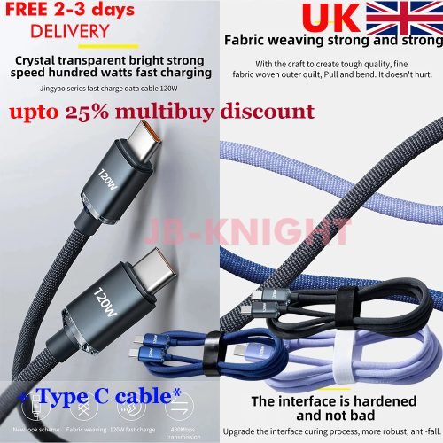 120 W USB-A to USB-C Cable Braided Fast Charger Type C cable Apple Samsung