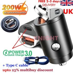 200W USB cigarette Car Mini Pull Ring Fast Charger PD QC 3.0 4.0 USB A and Type C Apple, Samsung, Google Xiaomi