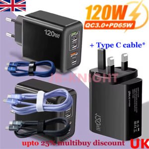 5 Multi-port Super fast 120W QC3 PD Quick charger + HQ Type C cable